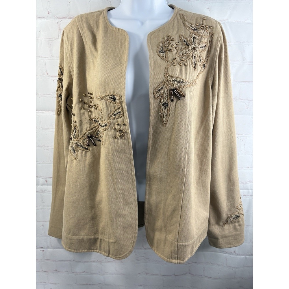 Laura Ashley Jacket Women's Small Beige Cotton. Open Front Beaded‎ Embroidered